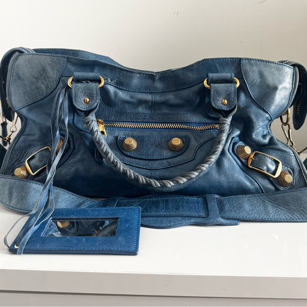 Balenciaga Navy Shoulder Bag with Gold Accents